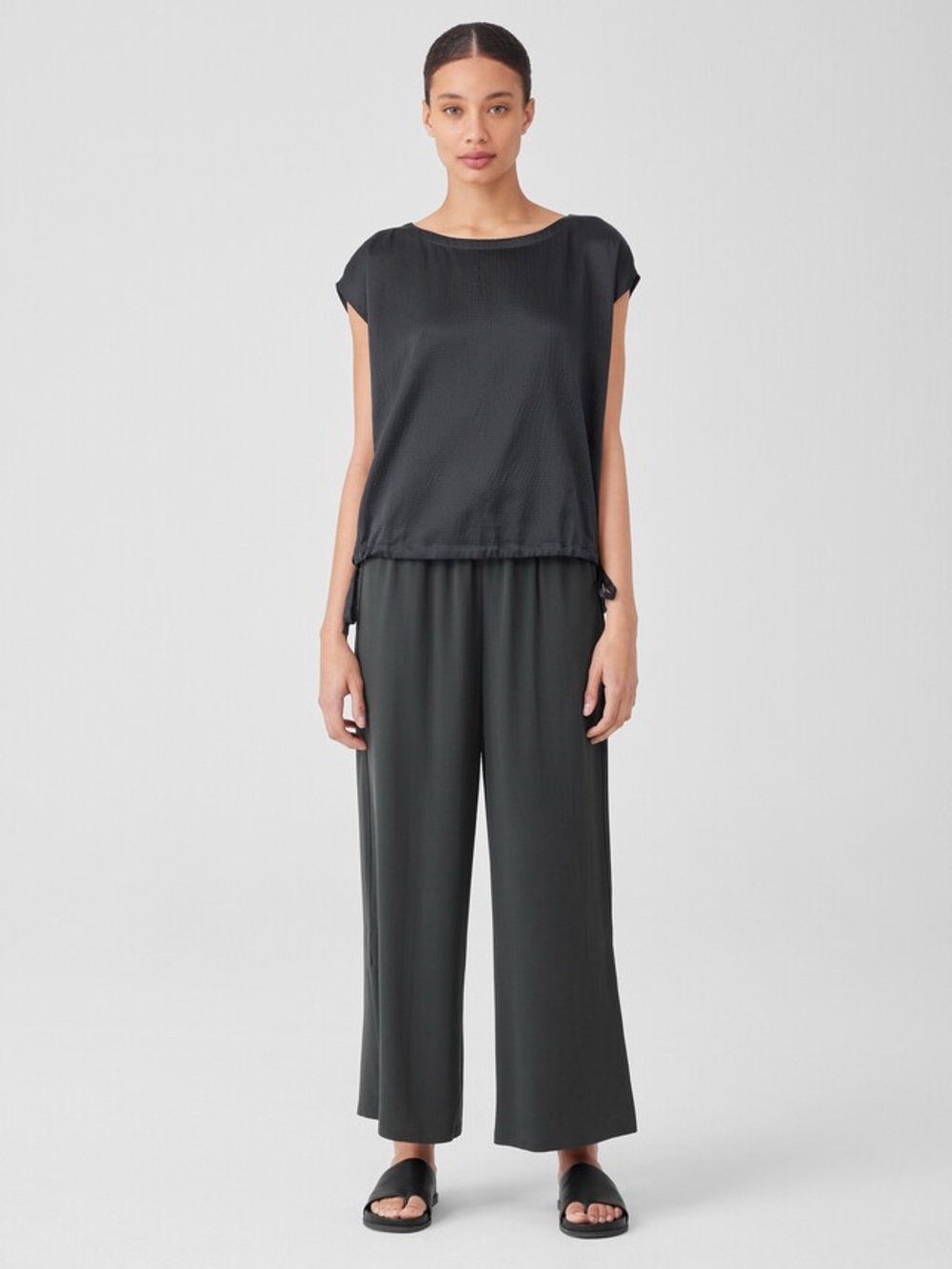 Eileen Fisher Black Silk Cotton Bateau Neck Top | Size Large - Picture 7 of 8